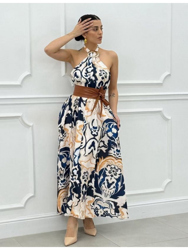 Φόρεμα εμπριμε με δέσιμο στο λαιμό 